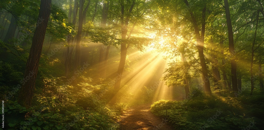 Fototapeta premium Early morning misty forest Low Angle Shot vibrant greenery Sepia tones