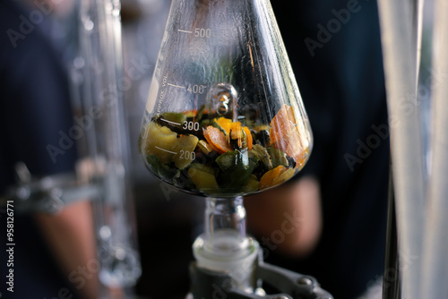 Clear test tubes, distill various herbs inside to extract the aroma of herbs, mix the perfect aroma in the distillation laboratory, and use distillation tubes and scientific instruments to make liquor