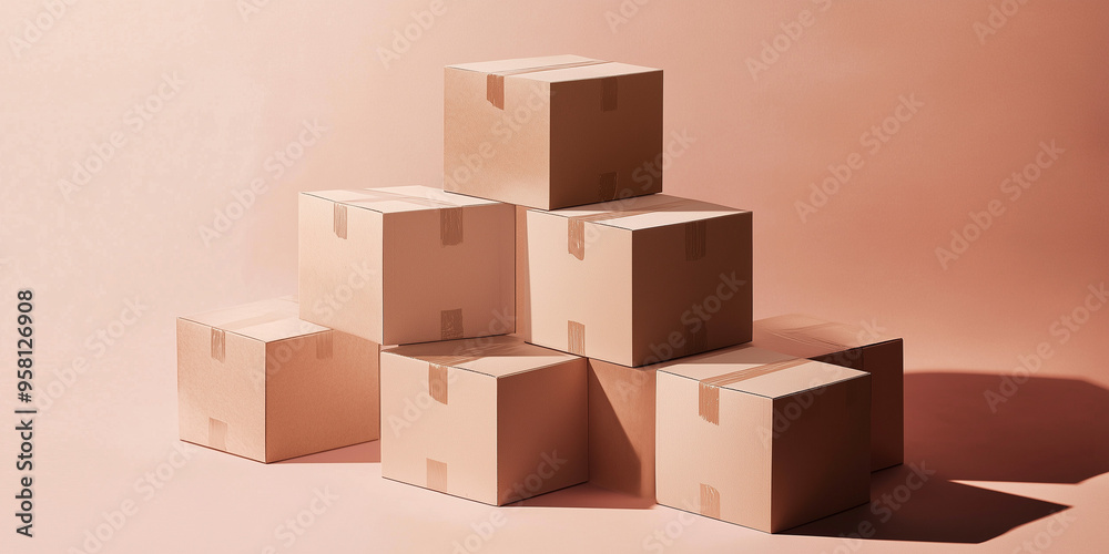 Stack of cardboard boxes arranged in a pyramid against a soft pink background. Minimalistic composition featuring multiple brown boxes, symbolizing storage, shipping, and logistics, with clean lines a Stack of cardboard boxes arranged in a pyramid against a soft pink background. Minimalistic composition featuring multiple brown boxes, symbolizing storage, shipping, and logistics, with clean lines a