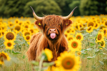 Deken met foto Schotse hooglander Hooglander met horens tussen zonnebloemen  © graja