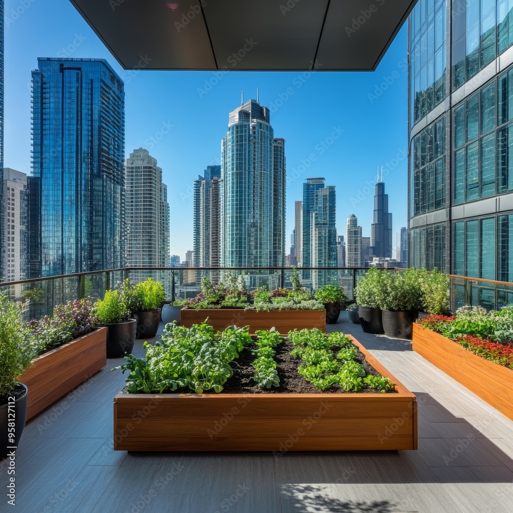 5 - Urban rooftop garden with diverse crops and lush green vegetables, raised planter boxes, city skyline in the background, leafy greens, modern buildings, sunny day, clear sky 5 - Urban rooftop garden with diverse crops and lush green vegetables, raised planter boxes, city skyline in the background, leafy greens, modern buildings, sunny day, clear sky