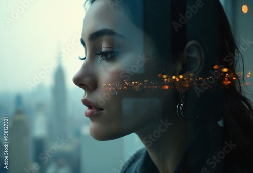 A double exposure of a cityscape with a close-up of a person's face photo