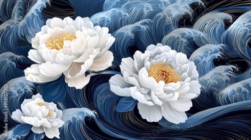 A beautiful botanical illustration of peonies and swirling ocean waves in indigo and white, ideal for backgrounds and creative projects