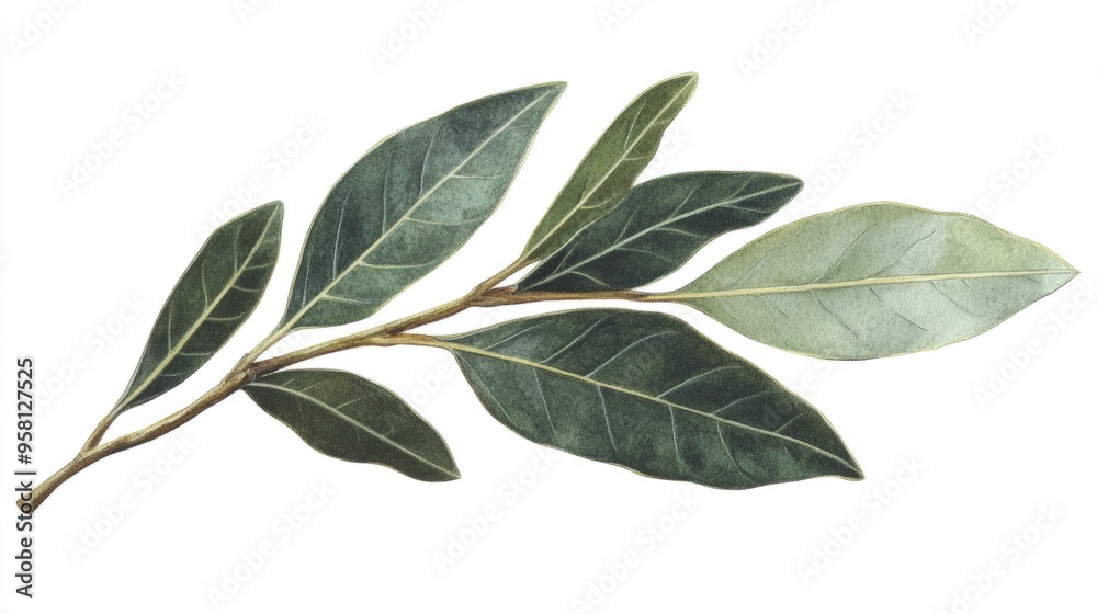 A bay leaf, elongated and oval with a slightly wavy edge and deep green color A bay leaf, elongated and oval with a slightly wavy edge and deep green color