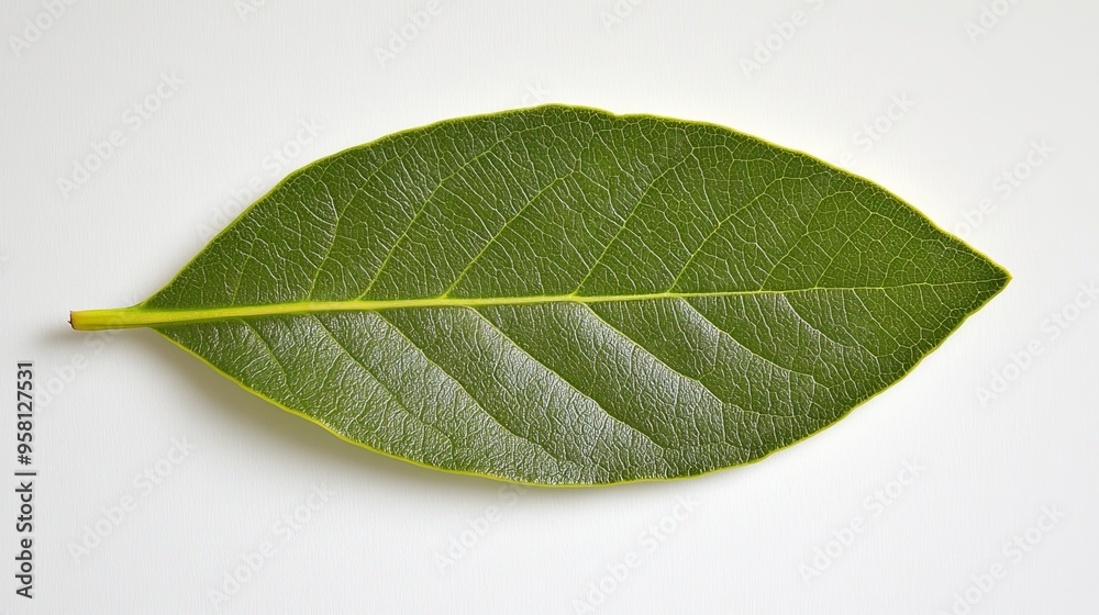 Obraz premium A bay leaf, elongated and oval with a slightly wavy edge and deep green color