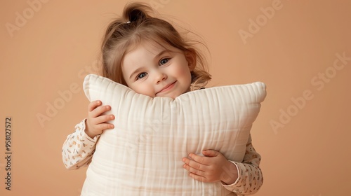 Baby girl hugging a pillow ready to sleep. Mental health concept.AI generated image.