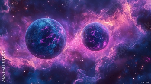 Dark purple and blue galaxy with swirling stars and planets, dreamy cosmic double exposure