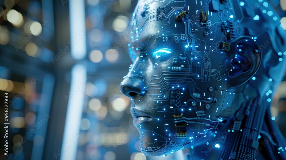 Futuristic Robot Head with Circuitry and Blue Lights Futuristic Robot Head with Circuitry and Blue Lights