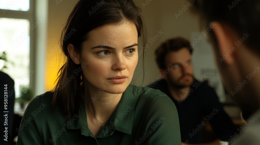 There is a woman with dark hair, wearing an olive green blouse and beige trousers, addressing her colleagues in a contemporary office.