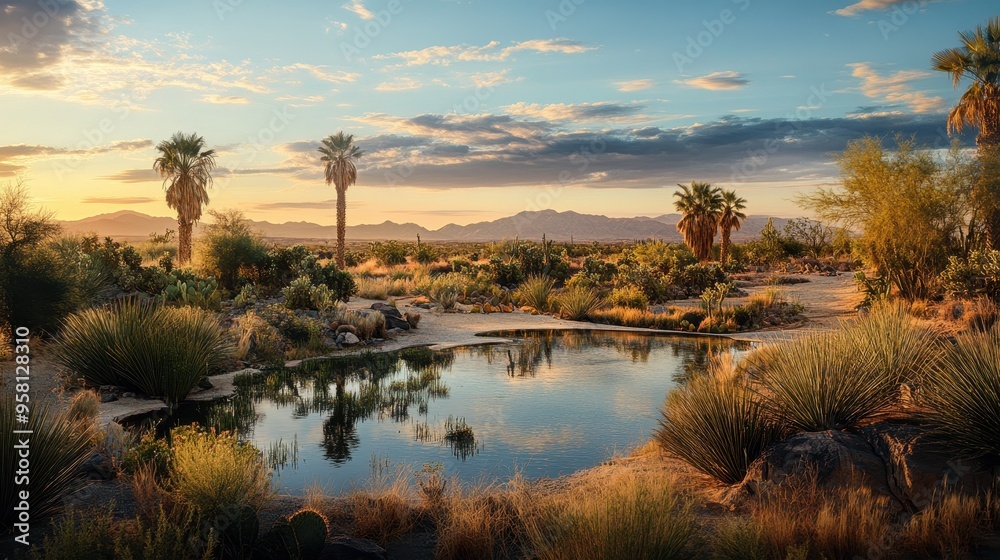 Obraz premium Serene Desert Oasis: A Tranquil Landscape at Sunset