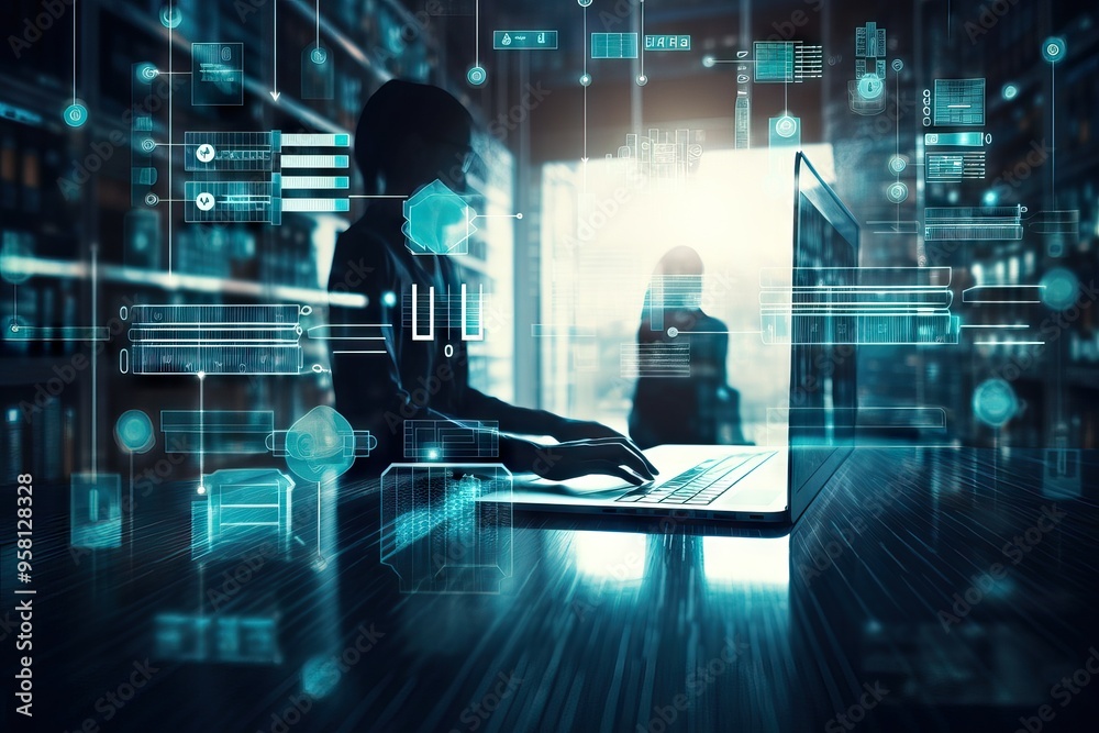Person in cybersecurity-themed workspace.