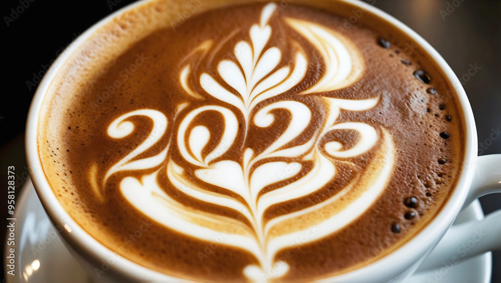 Happy new 2025 year coffee latte art, barista macchiato, hot beverage drink, festive background, template