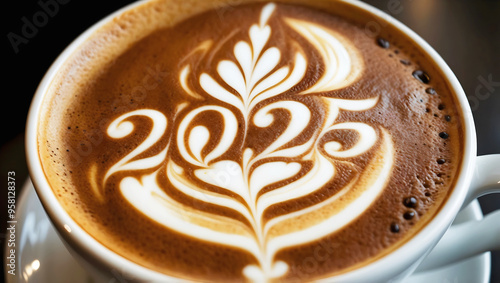 Happy new 2025 year coffee latte art, barista macchiato, hot beverage drink, festive background, template photo