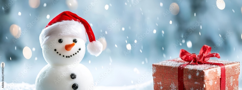Fototapeta premium A snowman in a Santa hat stands next to a red gift box The box is adorned with a ribbon and a bow, both bright red