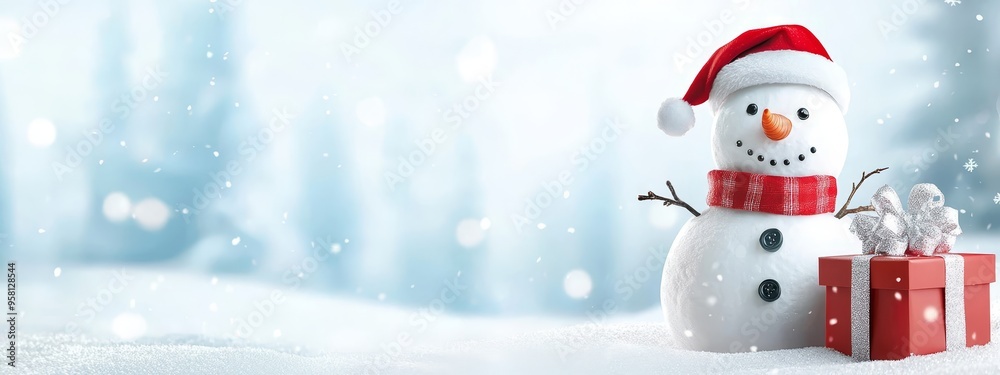 A snowman in a red hat and scarf holds a red gift box against a backdrop of snow-covered trees A snowman in a red hat and scarf holds a red gift box against a backdrop of snow-covered trees