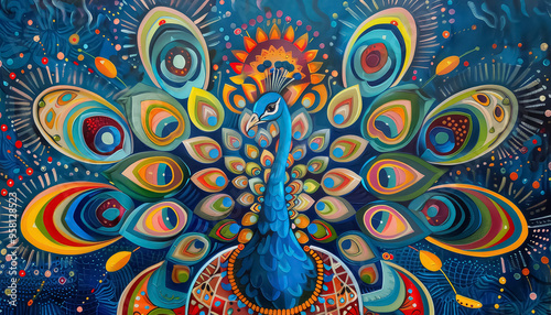 A painting of a peacock with its head held high and its feathers spread out photo