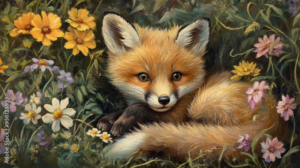 Obraz premium A Red Fox Kit Resting Among Flowers