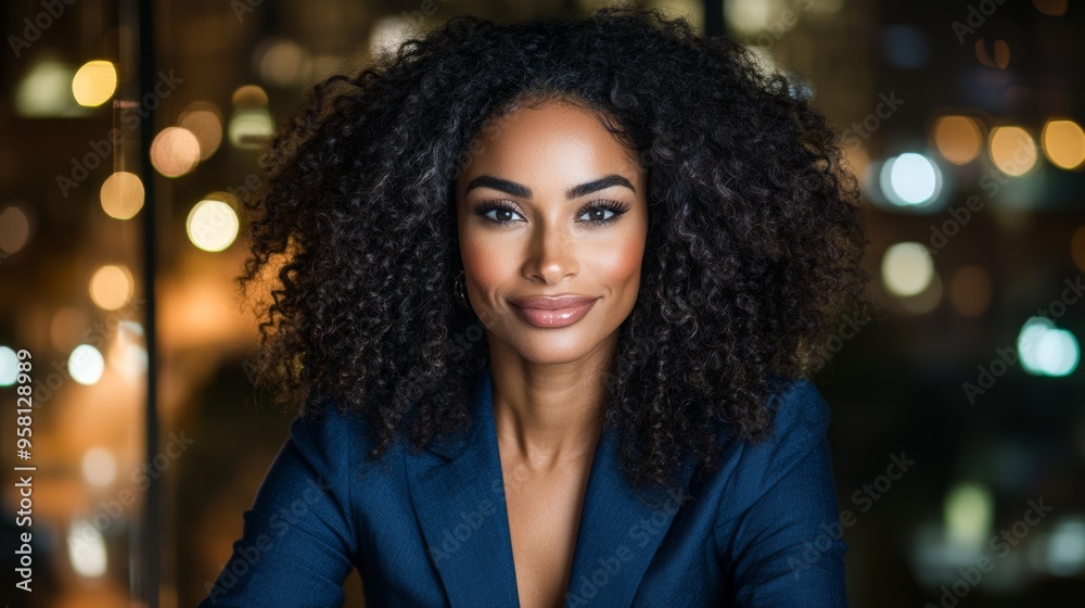 An attractive black businesswoman wearing a stylish blazer smiling at city sunset An attractive black businesswoman wearing a stylish blazer smiling at city sunset