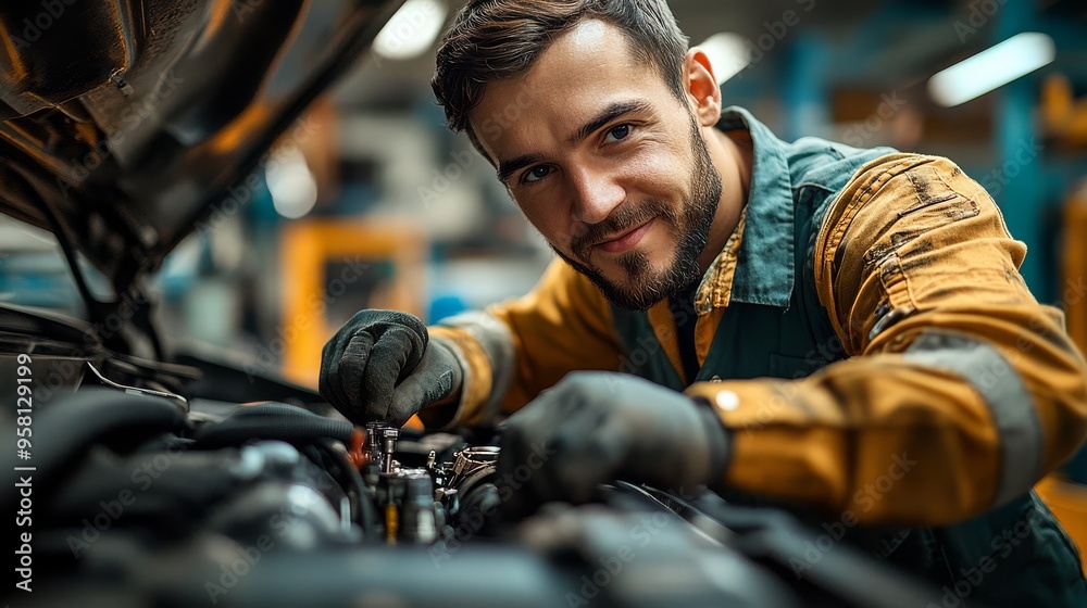 Mechanic checking the alignment of a car's wheels, using specialized equipment in a modern workshop Mechanic checking the alignment of a car's wheels, using specialized equipment in a modern workshop