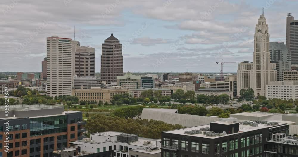 Columbus Ohio Aerial v51 low tracking flyover Franklinton capturing scenic urban landscape with bridges over the river and downtown cityscape on the skyline - Shot with Inspire 3 8k - Sept 22nd 2023 Columbus Ohio Aerial v51 low tracking flyover Franklinton capturing scenic urban landscape with bridges over the river and downtown cityscape on the skyline - Shot with Inspire 3 8k - Sept 22nd 2023