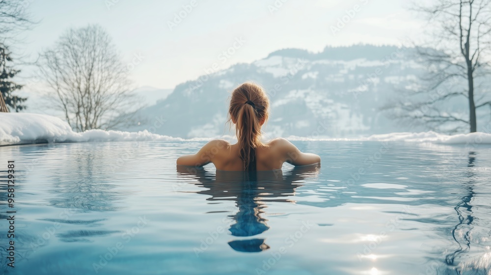 Relaxing in a serene outdoor pool surrounded by snow-covered mountains on a bright winter day