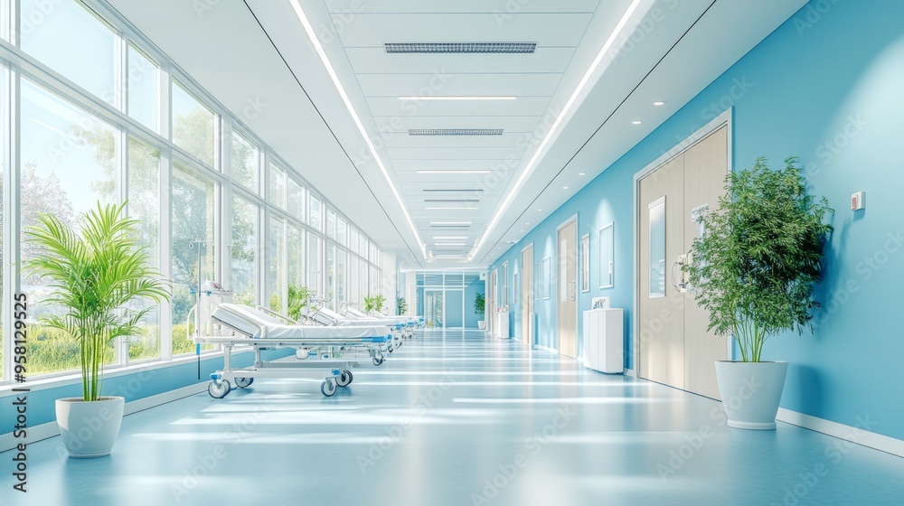 Abstract medical background depicting a blurred hospital interior is shown for design presentations. Abstract medical background depicting a blurred hospital interior is shown for design presentations.