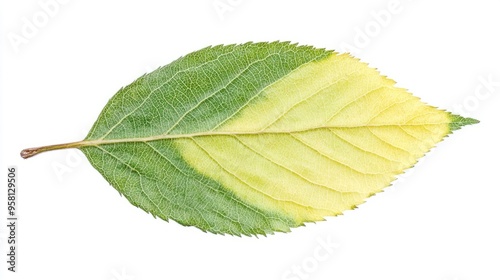 A hornbeam leaf, oval with sharply serrated edges, turning from green to yellow photo