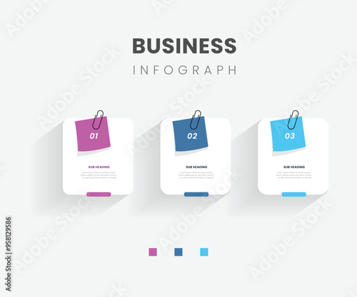 Three square paper white elements placed in horizontal row. Concept of 3 successive steps to business project success. Modern infographic design template. Simple flat vector illustration for banner.