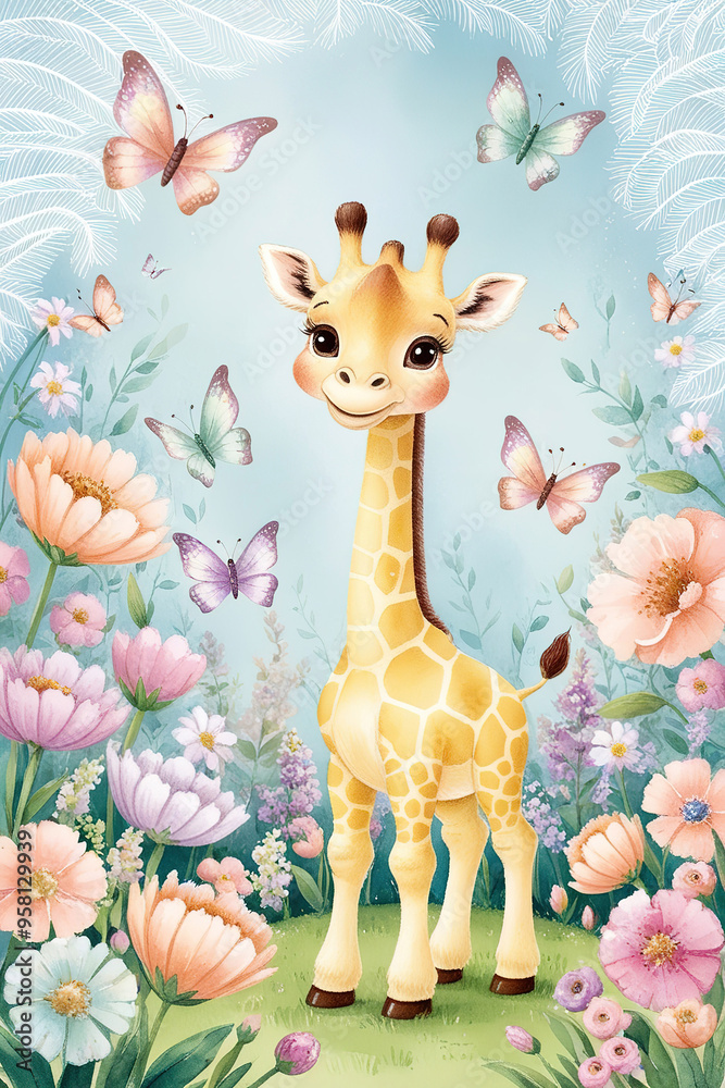 Fototapeta premium Cute giraffe in a bright floral garden surrounded by colorful butterflies