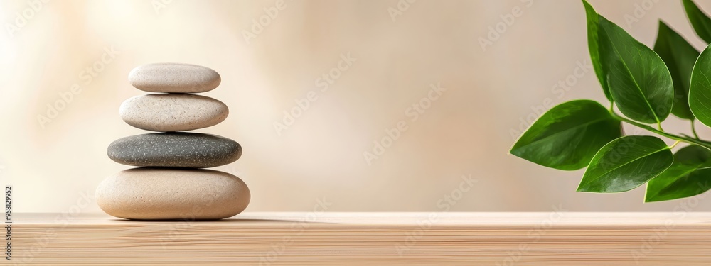 A stack of rocks on a wooden table Nearby, a green plant sits atop another wooden table A stack of rocks on a wooden table Nearby, a green plant sits atop another wooden table