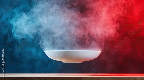 A mesmerizing bowl surrounded by colorful fog, creating a captivating atmosphere of mystery and intrigue.