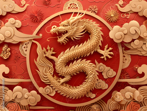 Golden Dragon on red background 