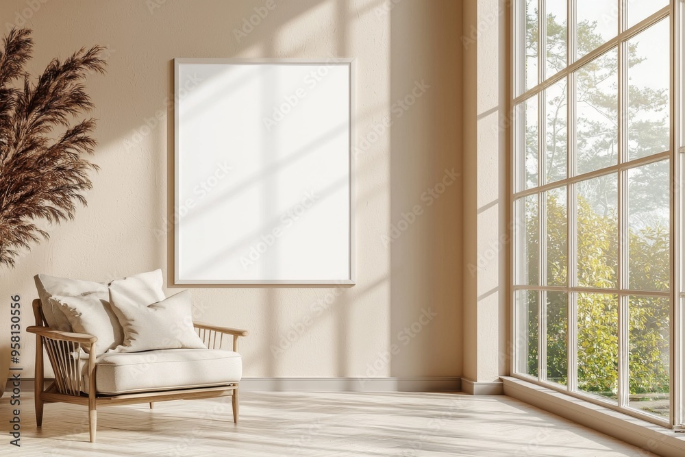 Poster Frame in Beige minimalist living room interior created with generative AI Poster Frame in Beige minimalist living room interior created with generative AI