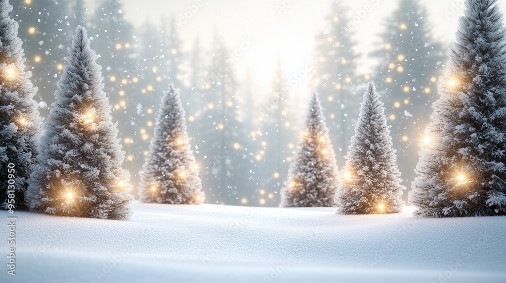Snowy pine forest at sunset, with a frozen road winding through the icy landscape Snowy pine forest at sunset, with a frozen road winding through the icy landscape