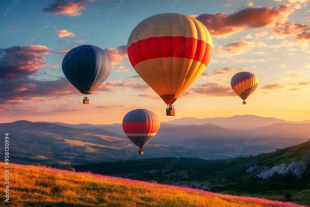 Fototapeta premium A scenic view of a hot air balloon flying above a flower farm during bloom