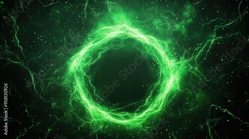 Emerald Energy Unleashed, vibrant green magic swirling dynamically from a radiant core against a deep black backdrop, evoking a sense of mystique and enchantment.