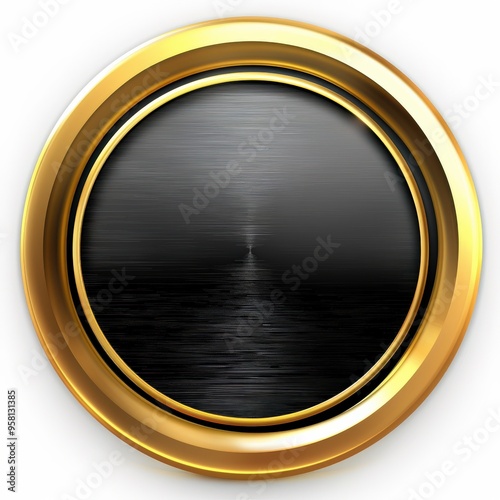 Gold Button. Round Circle Icon for Web Design with Black and Gold Metal