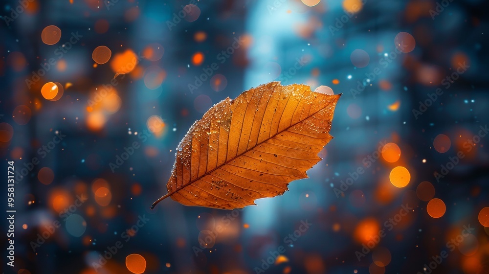 a single leaf, suspended in mid-air, caught in a gentle breeze against a blurred background of a bustling city. The leaf should appear almost frozen, a moment of tranquility amidst the chaos of motion a single leaf, suspended in mid-air, caught in a gentle breeze against a blurred background of a bustling city. The leaf should appear almost frozen, a moment of tranquility amidst the chaos of motion