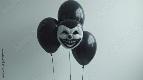 Three black balloons with a creepy smiling mask floating in the air. mask has exaggerated sinister features, amplifying a dark Halloween Balloons contribute to the festive yet eerie look.