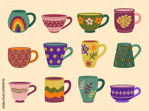 Set of various tea cups. Cute mugs different shapes and ornaments. Hand drawn vector illustration isolated on light background, flat cartoon style.