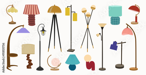 Set of different lamps. Floor and desk lamps.Home illumination for modern cozy interior. Hand drawn vector illustration isolated on white background. Flat cartoon style.