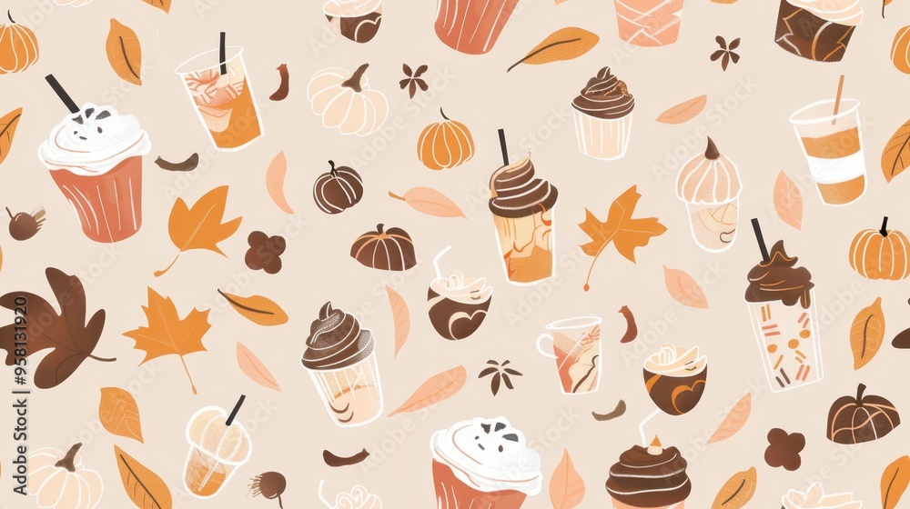 Seamless pattern of autumn desserts and leaves on a beige background. Ideal for fall, festive, and Thanksgiving designs. Seamless pattern of autumn desserts and leaves on a beige background. Ideal for fall, festive, and Thanksgiving designs.
