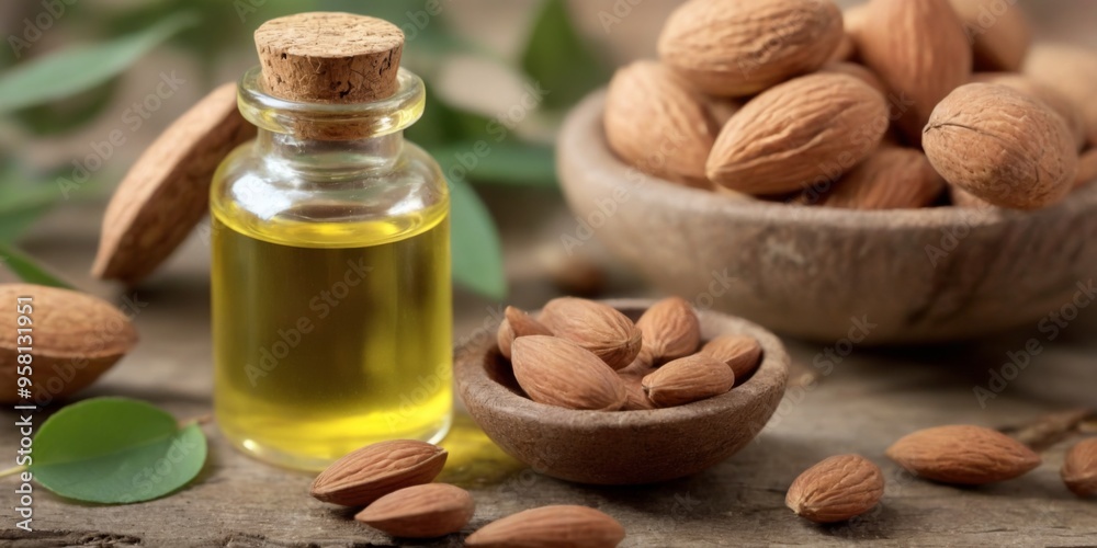 Small glass bottle of golden oil with almonds in wooden bowl, sc Small glass bottle of golden oil with almonds in wooden bowl, sc