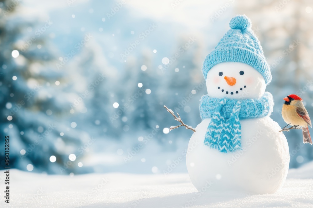 Snowman wearing blue hat and scarf, standing in a snowy field with snow-covered mountains in the background. Snowman wearing blue hat and scarf, standing in a snowy field with snow-covered mountains in the background.