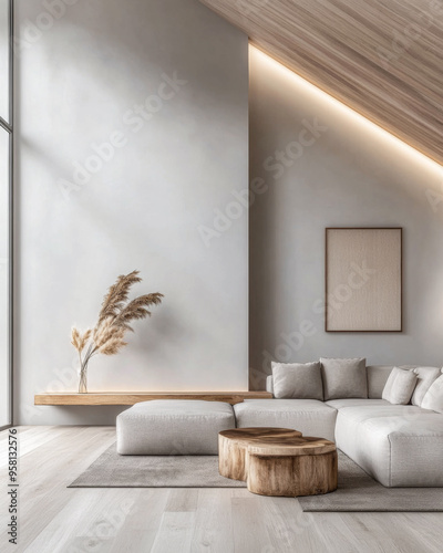 Minimalist living room interiors with elegant furniture and wood accents. Real Estate interior design composition in neutral tones.