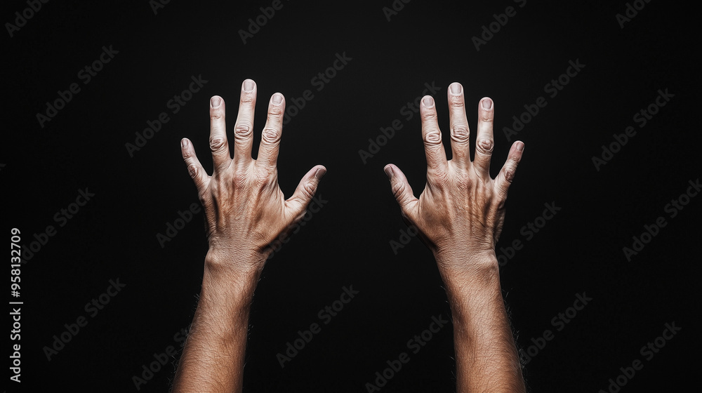 Close-up of Two Raised Hands Against a Black Background Close-up of Two Raised Hands Against a Black Background