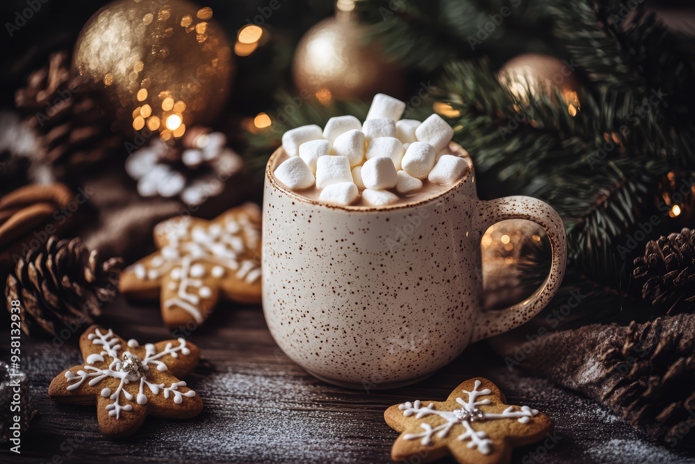 White mug of hot chocolate with marshmallows and gingerbread cookies, surrounded by golden Christmas ornaments and twinkling lights. Festive treat concept. White mug of hot chocolate with marshmallows and gingerbread cookies, surrounded by golden Christmas ornaments and twinkling lights. Festive treat concept.