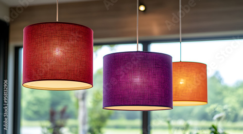 Wallpaper Mural “Vibrant Purple, Orange, and Red Pendant Lamps Hanging from the Ceiling, Adding a Burst of Color to the Interior”
 Torontodigital.ca