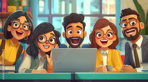 A cartoon-style team of div...