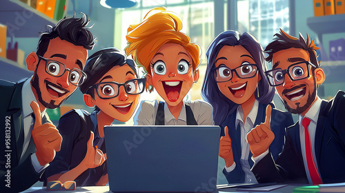 A cartoon-style team of div...